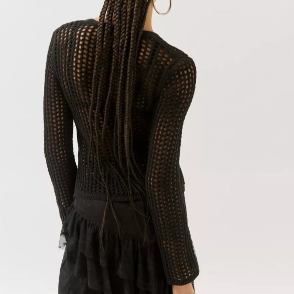 NWT Ecote Joleen Open-Knit Tie-waist Flyaway Cardigan in Black Boho Women's S - Picture 4 of 10
